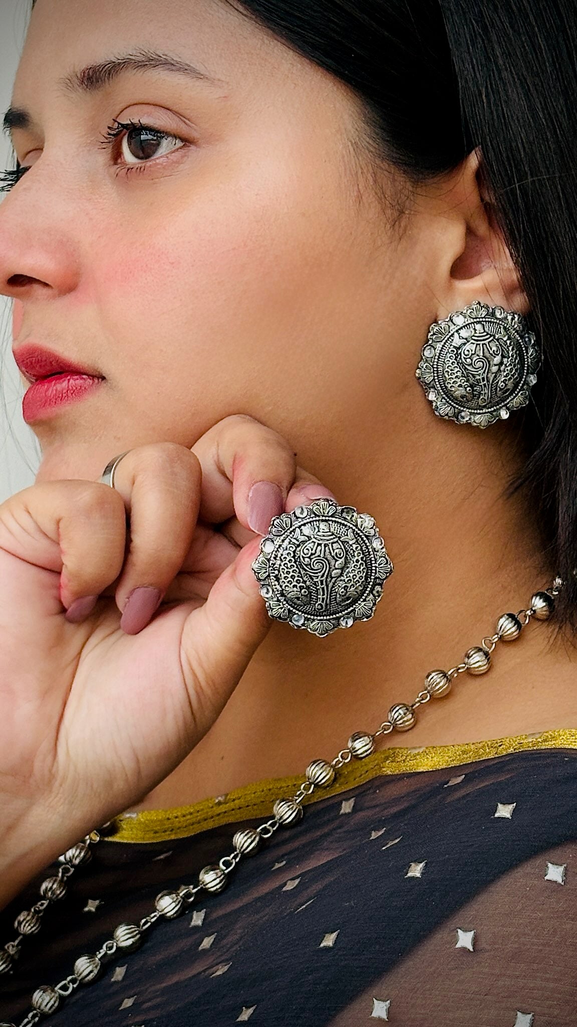 Lina Oxidised Stud Earrings (without ring)